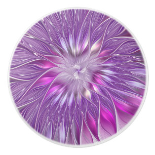 Bouton De Porte En Céramique Fleur violette rose, art fractal abstrait de la pa