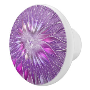 Bouton De Porte En Céramique Fleur violette rose, art fractal abstrait de la pa