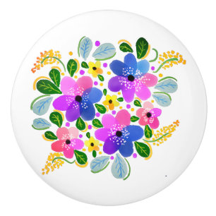 Bouton De Porte En Céramique Fleurs Aquarelles bleu violet rose