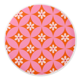 Bouton De Porte En Céramique Fleurs blanches sur motif de cercles roses du mili
