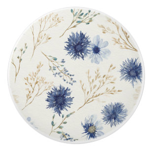 Bouton De Porte En Céramique Fleurs Bleu Blanc