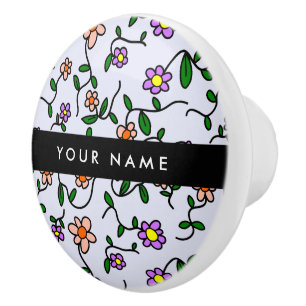 Bouton De Porte En Céramique Fleurs colorées, Arrière - plan bleu, Noir