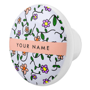 Bouton De Porte En Céramique Fleurs colorées, Arrière - plan bleu, Orange