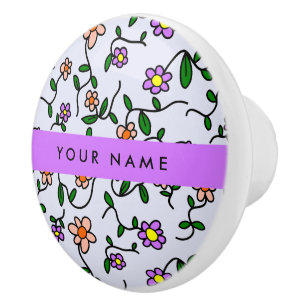 Bouton De Porte En Céramique Fleurs Colorées, Fond Bleu, Violet
