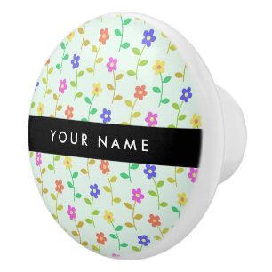 Bouton De Porte En Céramique Fleurs Colorées, Fond Vert Clair, Noir