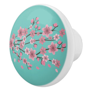 Bouton De Porte En Céramique Fleurs de Cerisier Botaniques Tombant Pétales Ombr