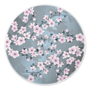 Bouton De Porte En Céramique Fleurs de cerisier gris-bleu rose foncé Floral