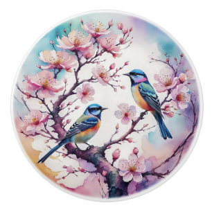 Bouton De Porte En Céramique Fleurs de cerisiers et oiseaux Noeuds japonais