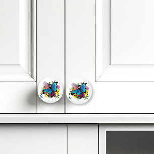 Bouton De Porte En Céramique Fleurs de papillon bleu Dragon
