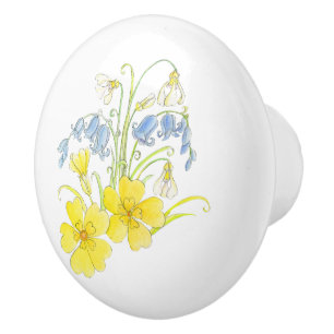 Bouton De Porte En Céramique Fleurs de printemps encre jaune bleu et aquarelle