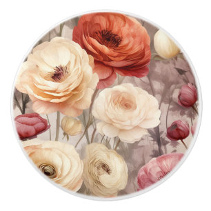 Bouton De Porte En Céramique Fleurs de Ranunculus rouges crème romantiques