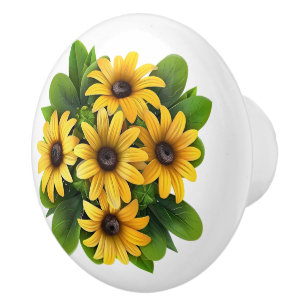 Bouton De Porte En Céramique Fleurs de soleil jaunes et verts