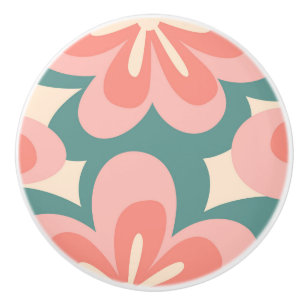 Bouton De Porte En Céramique Fleurs de style rétro rose et turquoise