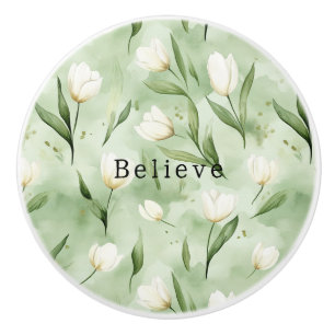 Bouton De Porte En Céramique Fleurs de tulipe vertes blanches Croire