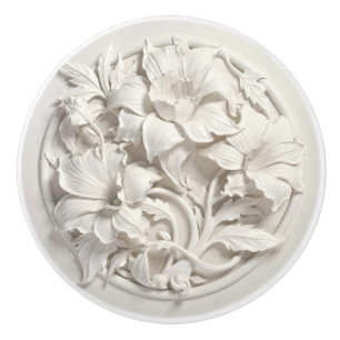 Bouton De Porte En Céramique Fleurs en relief faux blanc élégant