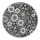 Bouton De Porte En Céramique Fleurs et feuilles noirs et blancs (Devant)