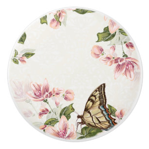 Bouton De Porte En Céramique Fleurs et papillon roses