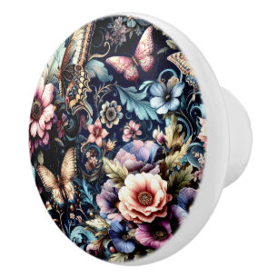 Bouton De Porte En Céramique Fleurs et papillons de printemps antiques