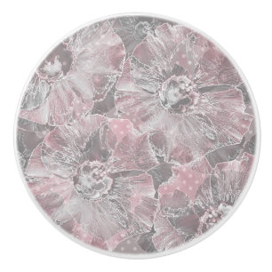 Bouton De Porte En Céramique Fleurs grandes stylisées gris rose