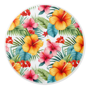 Bouton De Porte En Céramique Fleurs Hawaïennes aquarelle exotique