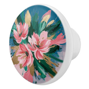 Bouton De Porte En Céramique Fleurs inspirées du pivoine rose avec touche métal