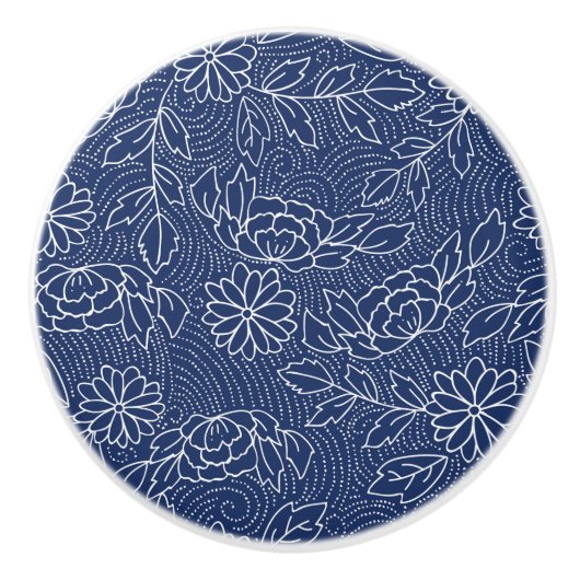 Bouton De Porte En Céramique Fleurs japonaises blanches et bleues motif (Devant)