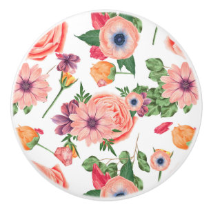 Bouton De Porte En Céramique Fleurs Jaunes Et Roses