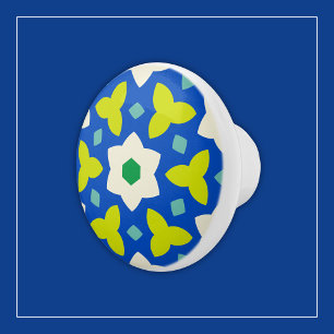 Bouton De Porte En Céramique Fleurs mignonnes sur bleu et vert géométrique flor