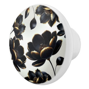 Bouton De Porte En Céramique Fleurs Noir et Or Greige Élégant Sombre