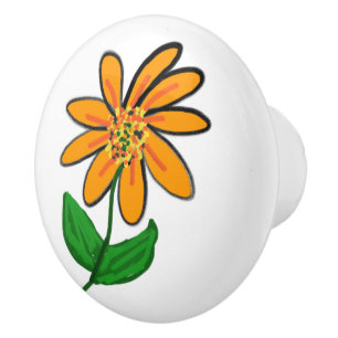Bouton De Porte En Céramique Fleurs orange jaune fantaisistes feuilles vertes