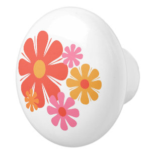 Bouton De Porte En Céramique Fleurs Rétro des années 60 et 70 Rose et Jaune