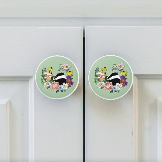 Bouton De Porte En Céramique Fleurs sauvages Badger Champignons vert
