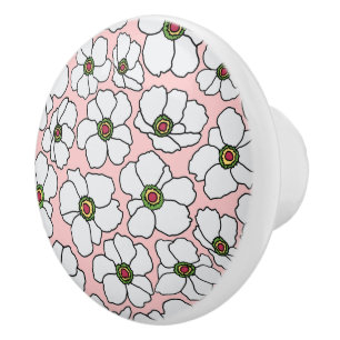 Bouton De Porte En Céramique Fleurs sauvages boho blanches sur fond rose
