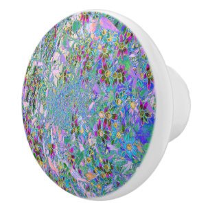 Bouton De Porte En Céramique Fleurs sauvages rétro violettes, vertes et bleues