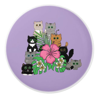 Bouton De Porte En Céramique Fleurs tropicales et chats kawaii