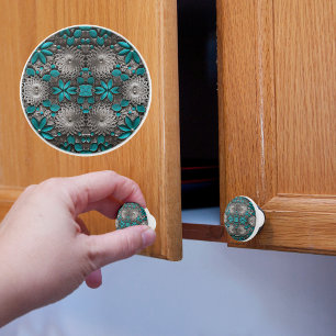 Bouton De Porte En Céramique Fleurs Turquoise et Argent