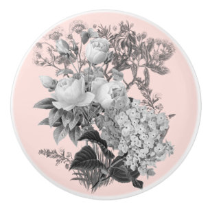 Bouton De Porte En Céramique Fleurs vintages avec rose poussiéreux