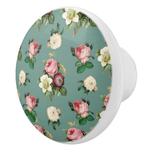 Bouton De Porte En Céramique Fleurs vintages sur bleu pierre, impression floral