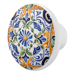 Bouton De Porte En Céramique Floral bleu et jaune méditerranéen