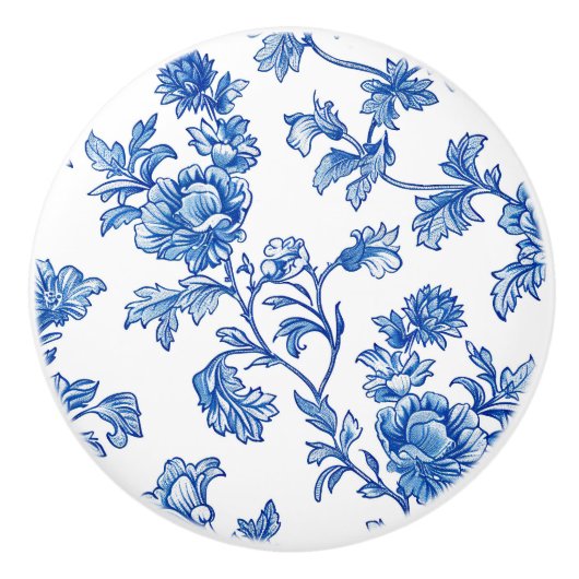 Bouton De Porte En Céramique Floral Chinoiserie bleu et blanc (Devant)