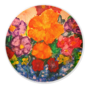 Bouton De Porte En Céramique Floral Coloré Orange Bleu Jaune