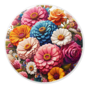 Bouton De Porte En Céramique Floral coloré/Zinnia printanière/Rose