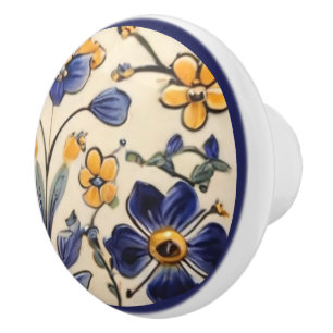 Bouton De Porte En Céramique Floral de fleurs bleu marine et jaune méditerranée
