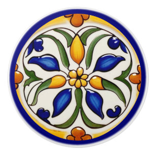 Bouton De Porte En Céramique Floral Méditerranée Jaune Fleur Bleu Vert