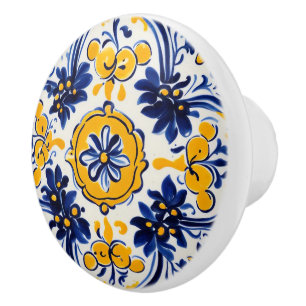 Bouton De Porte En Céramique Floral méditerranéen italien Jaune et marine