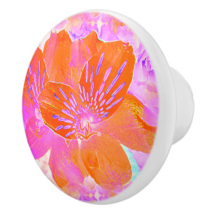 Bouton De Porte En Céramique Floral rose et orange