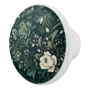 Bouton De Porte En Céramique Floral vert émeraude foncé