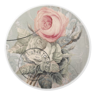 Bouton De Porte En Céramique Floral Vintage Roses Roses Roses Grises Ephémère