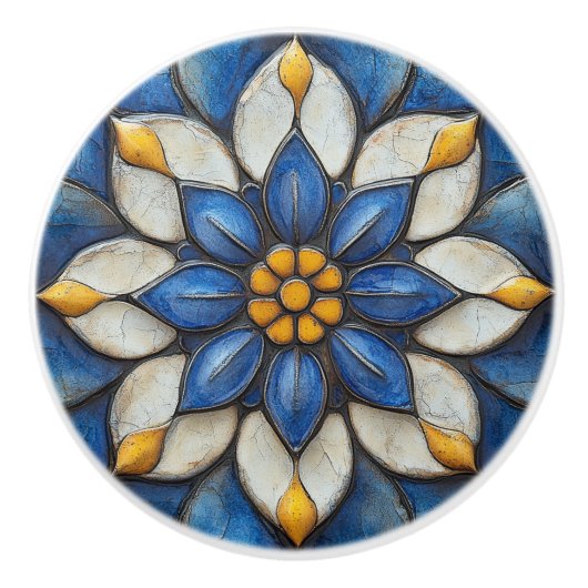 Bouton De Porte En Céramique Flore Azulejo bleu blanc et jaune (Devant)