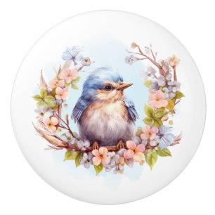 Bouton De Porte En Céramique Flore d'oiseaux bleus